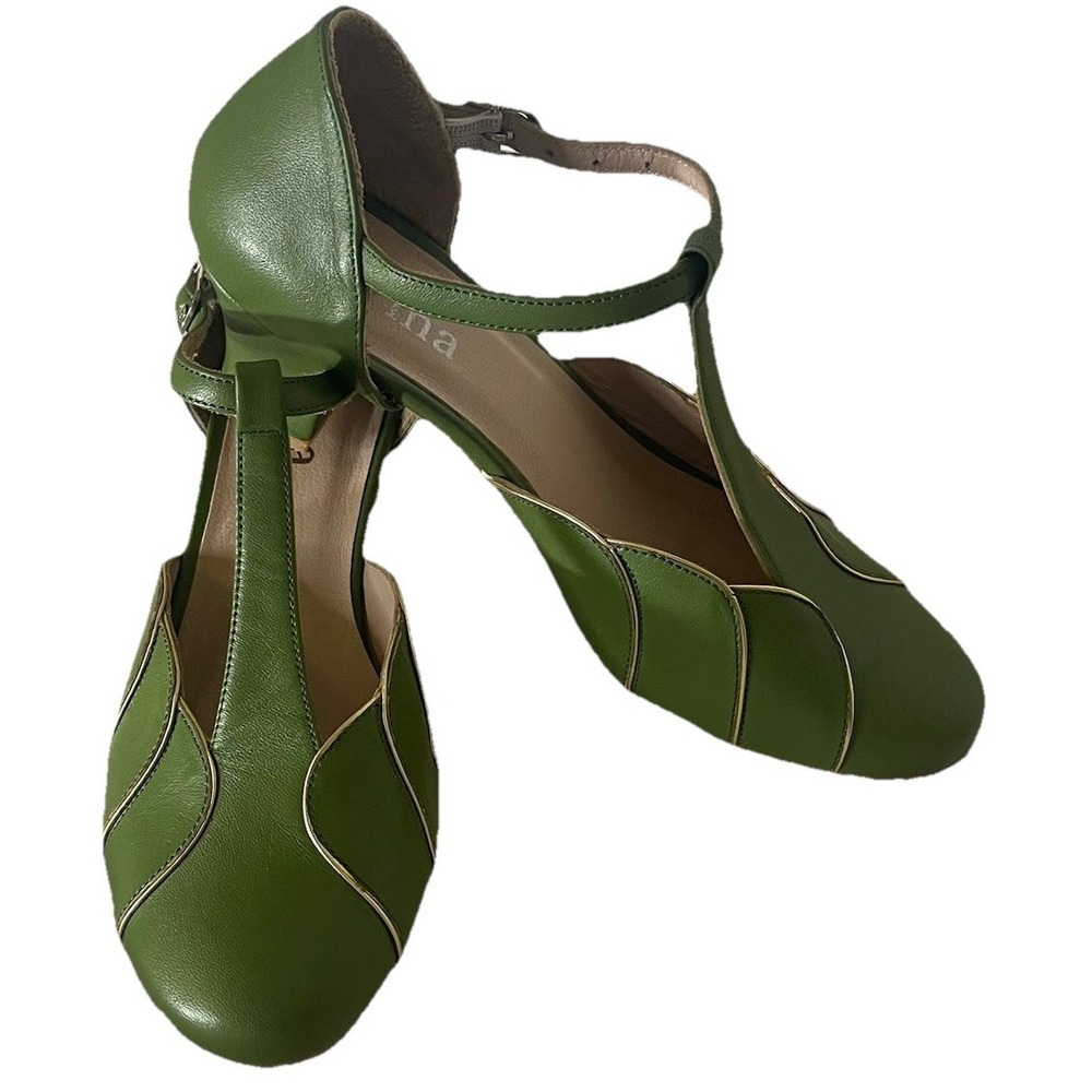 IRMA Boutique Green Leather T Strap Mary Jane Heels EU 36 Retro Swing Dance
